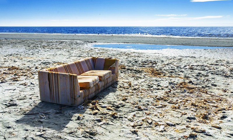AP259 A castoff couch at the shores of the Salton Sea Bombay Beach Imperial County California
